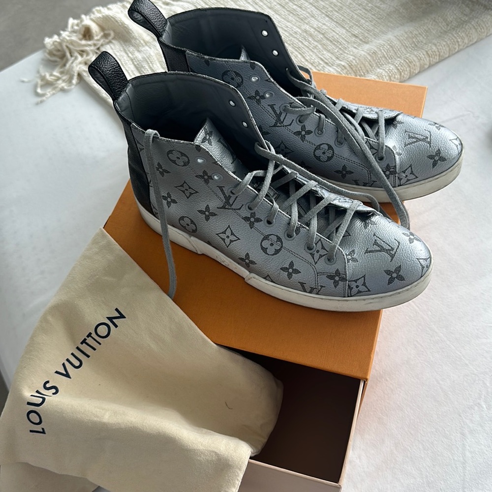 Louis Vuitton silver and black logo high tops